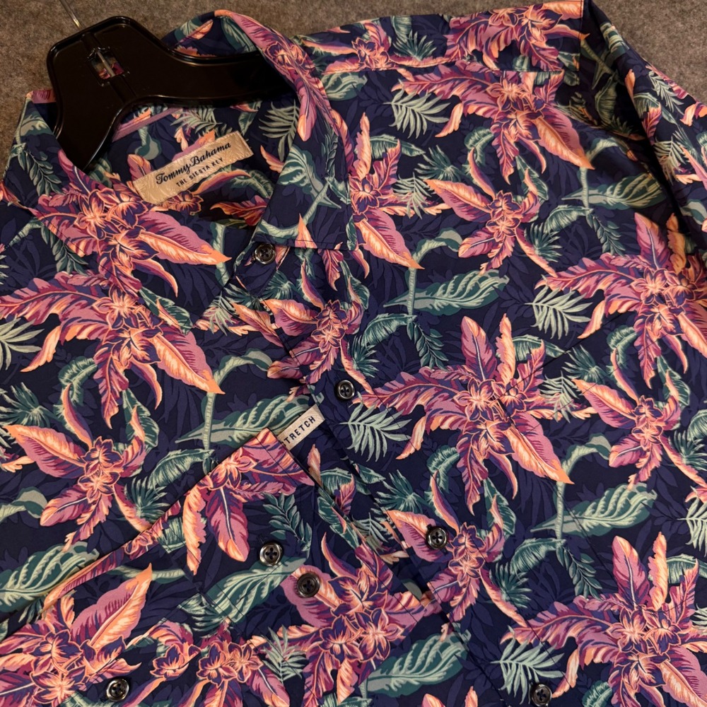 Tommy Bahama Siesta Key Mens Large Navy Blue Tropical Floral Stretch LS Shirt